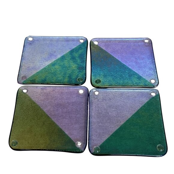Handmade Green Purple Fused Art Glass Pastry Coasters Set Of 4 Abstract Artsy - Picture 2 of 8